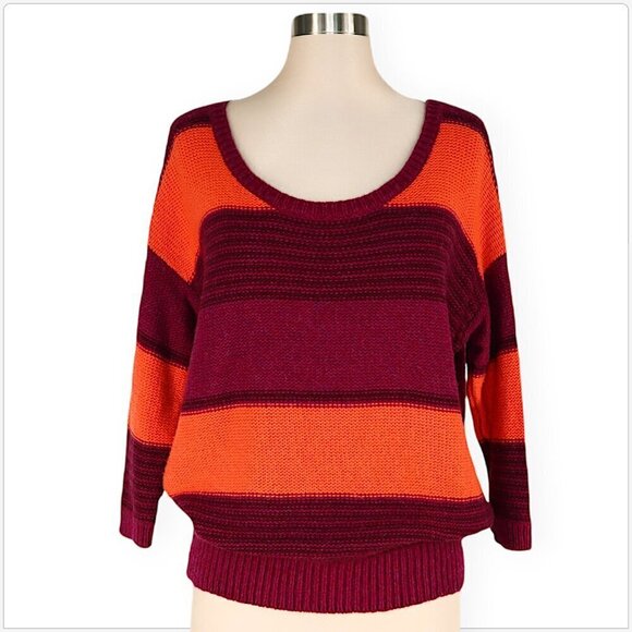 Splendid Berry Orange Striped 3/4 Sleeve Merino Wool Alpaca Blend Sweater L - Picture 1 of 4